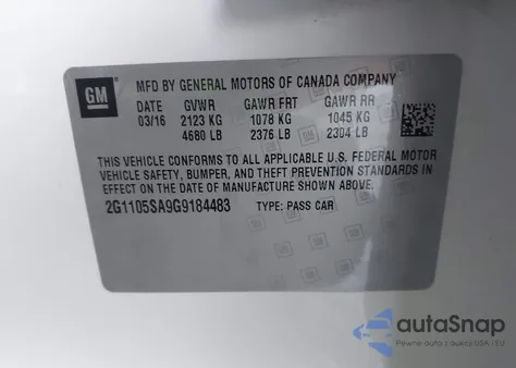 2016 Chevrolet Impala 1Lt z USA, uszkodzony, nr VIN 2G1105SA9G9184483